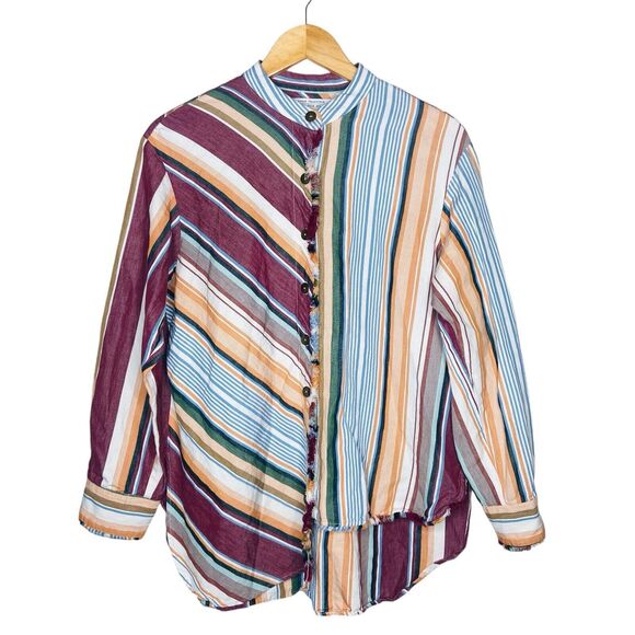 Zara Studio Women’s Shirt Size M Long Sleeve Linen Blend Striped Limited Edition - Picture 2 of 8